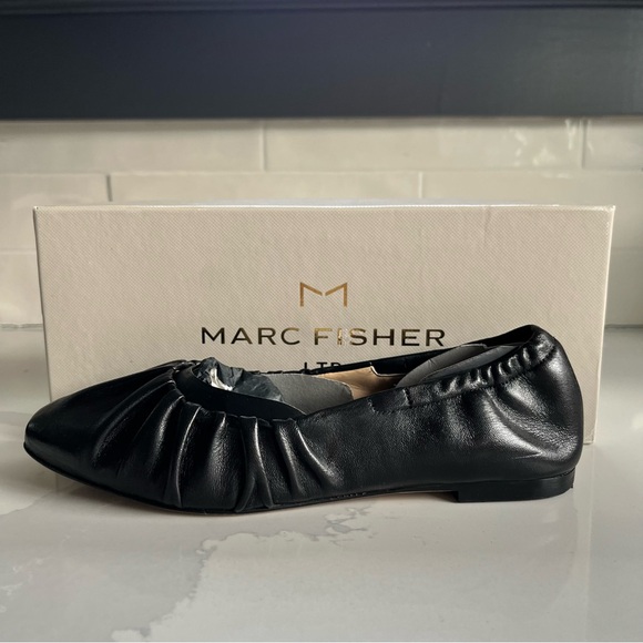 Marc Fisher LTD Ophia Black Leather Ruched Slip On Ballet Flats Women’s Sz 5 BNB - Picture 5 of 15